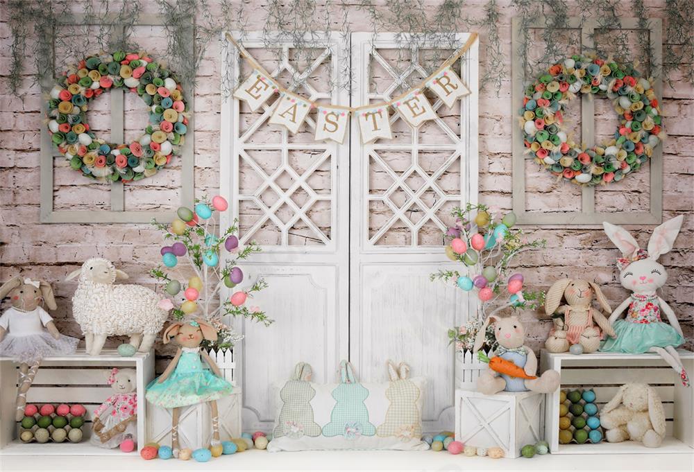 Kate Barn Door Colorful Egg Easter Backdrop for Photography