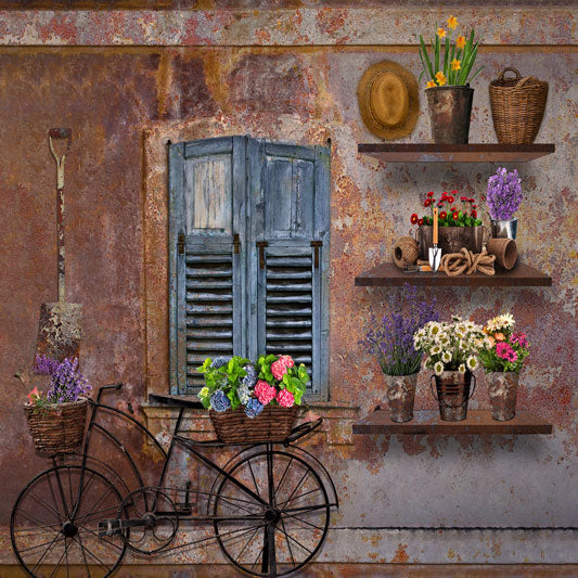 Kate Spring Vintage Rusty Wall with Bicycle and Window Backdrop Designed By Ava Lee - Kate Backdrop AU