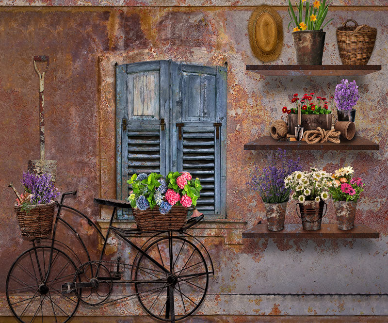 Kate Spring Vintage Rusty Wall with Bicycle and Window Backdrop Designed By Ava Lee - Kate Backdrop AU