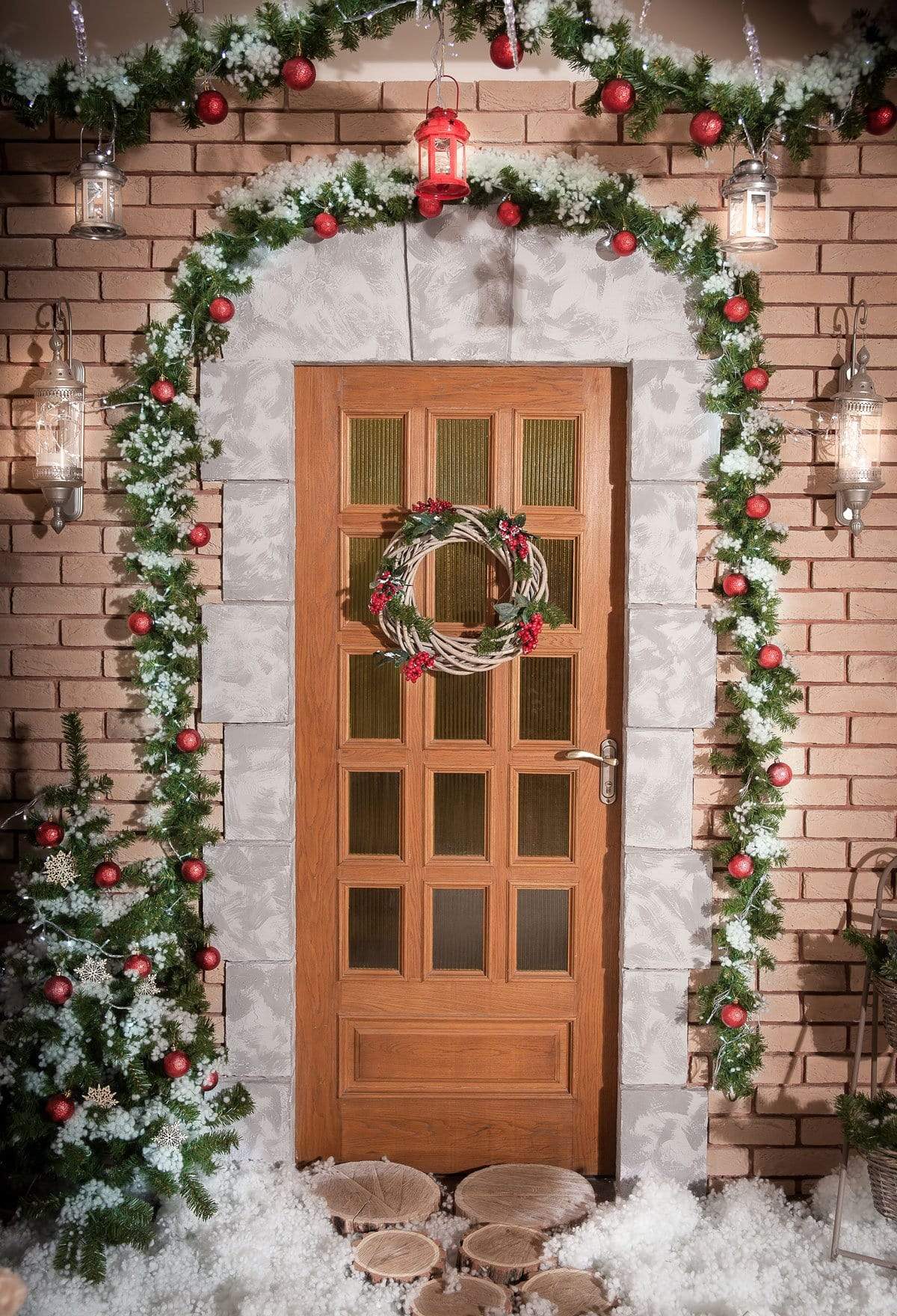 Kate Christmas Holiday Door with Snow Backdrop for Photography - Kate Backdrop AU