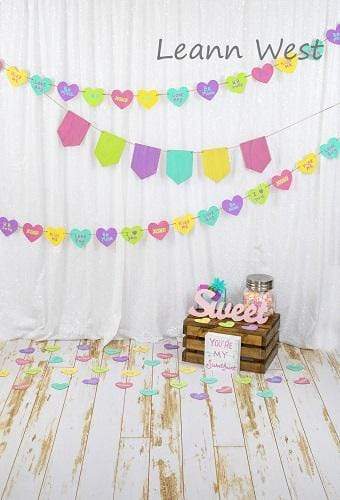 Kate White Curtain with Retro Decoration Colored Banners Valentine's Day Backdrop Designed by Leann West - Kate Backdrop AU