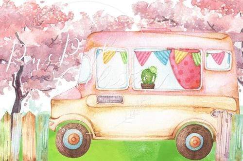 Kate Ice Cream Truck Watercolor Children Backdrop Designed By Pine Park Collection - Kate Backdrop AU