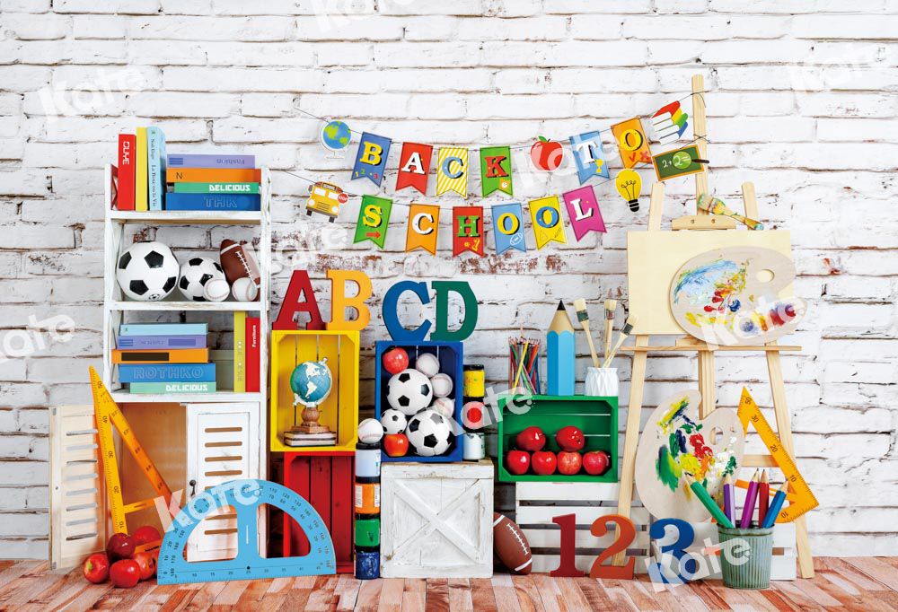 Kate Back to School Backdrop Painter Football White Brick Wall Designed by Emetselch - Kate Backdrop AU