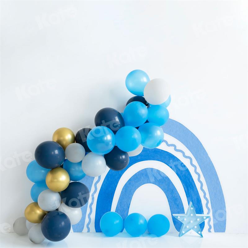 Kate Balloons Cake Smash Backdrop Blue Rainbow Boho Designed by Uta Mueller Photography - Kate Backdrop AU