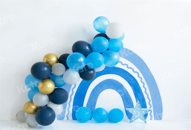 Kate Balloons Cake Smash Backdrop Blue Rainbow Boho Designed by Uta Mueller Photography - Kate Backdrop AU
