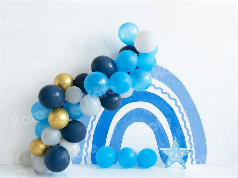 Kate Balloons Cake Smash Backdrop Blue Rainbow Boho Designed by Uta Mueller Photography - Kate Backdrop AU