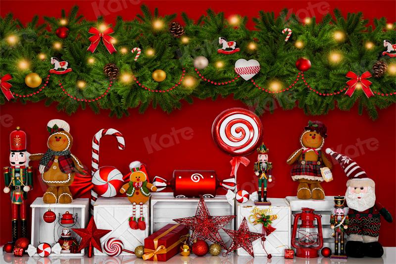 Kate Christmas Candy Backdrop Gingerbread Red for Photography - Kate Backdrop AU