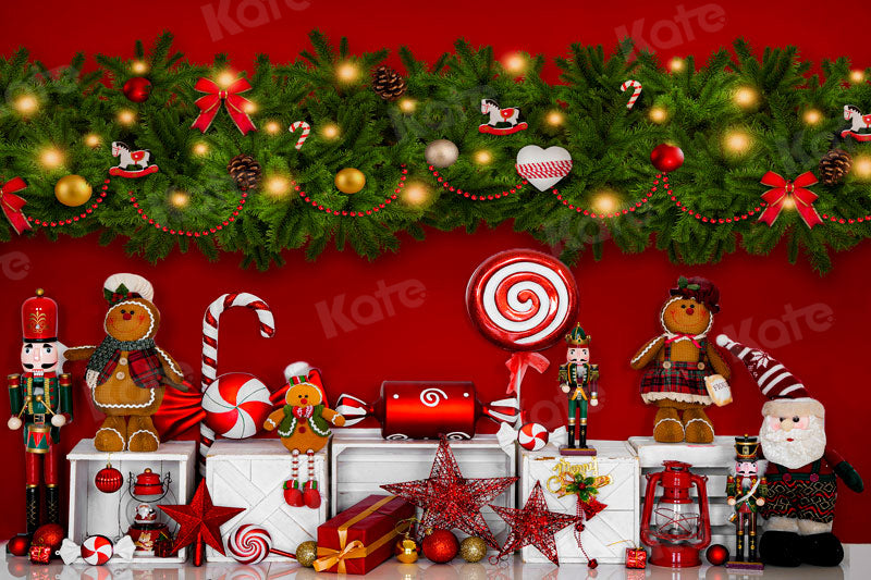 Kate Christmas Candy Backdrop Gingerbread Red for Photography - Kate Backdrop AU