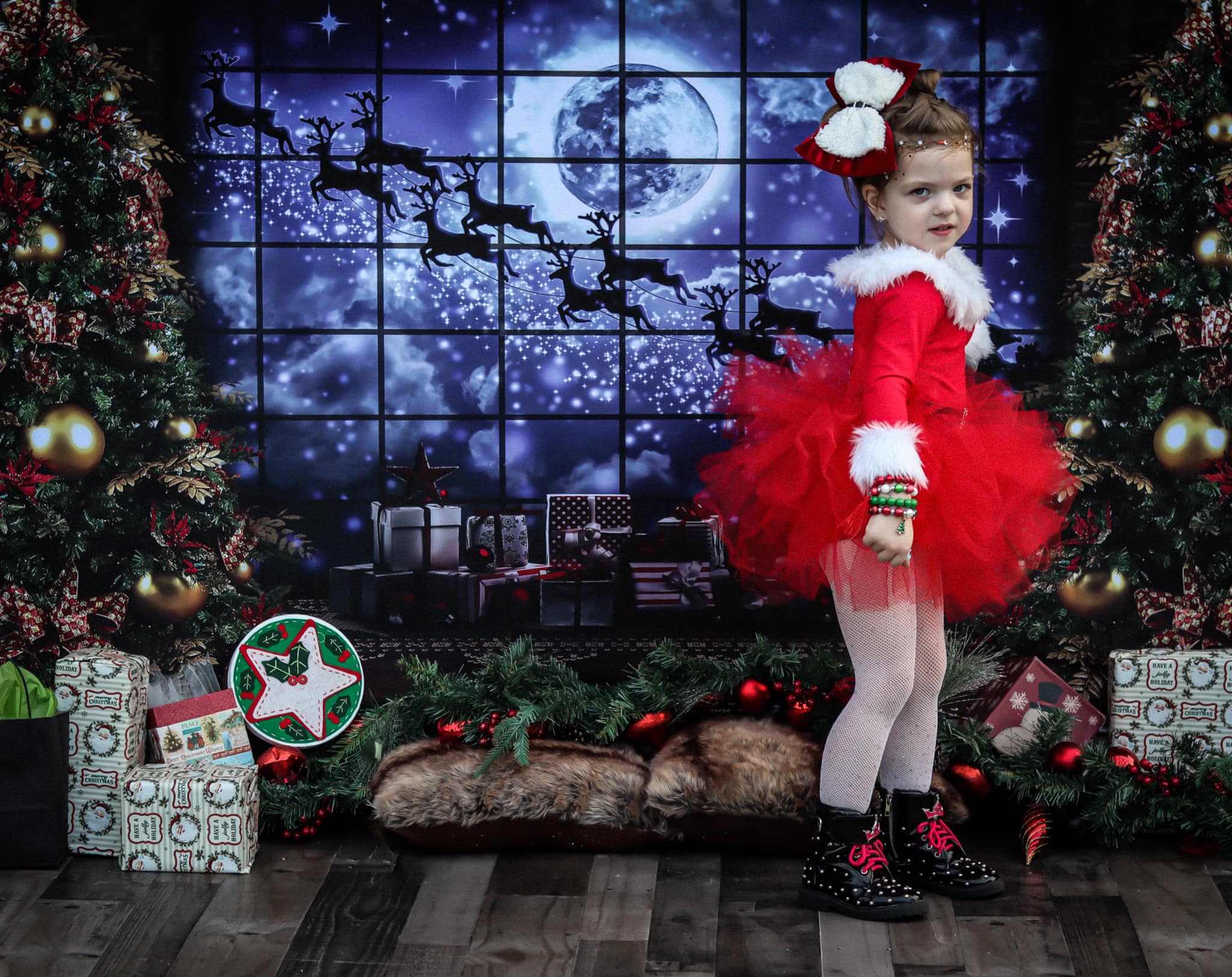 Kate Christmas Windows Sleigh Backdrop Elk for Photography - Kate Backdrop AU