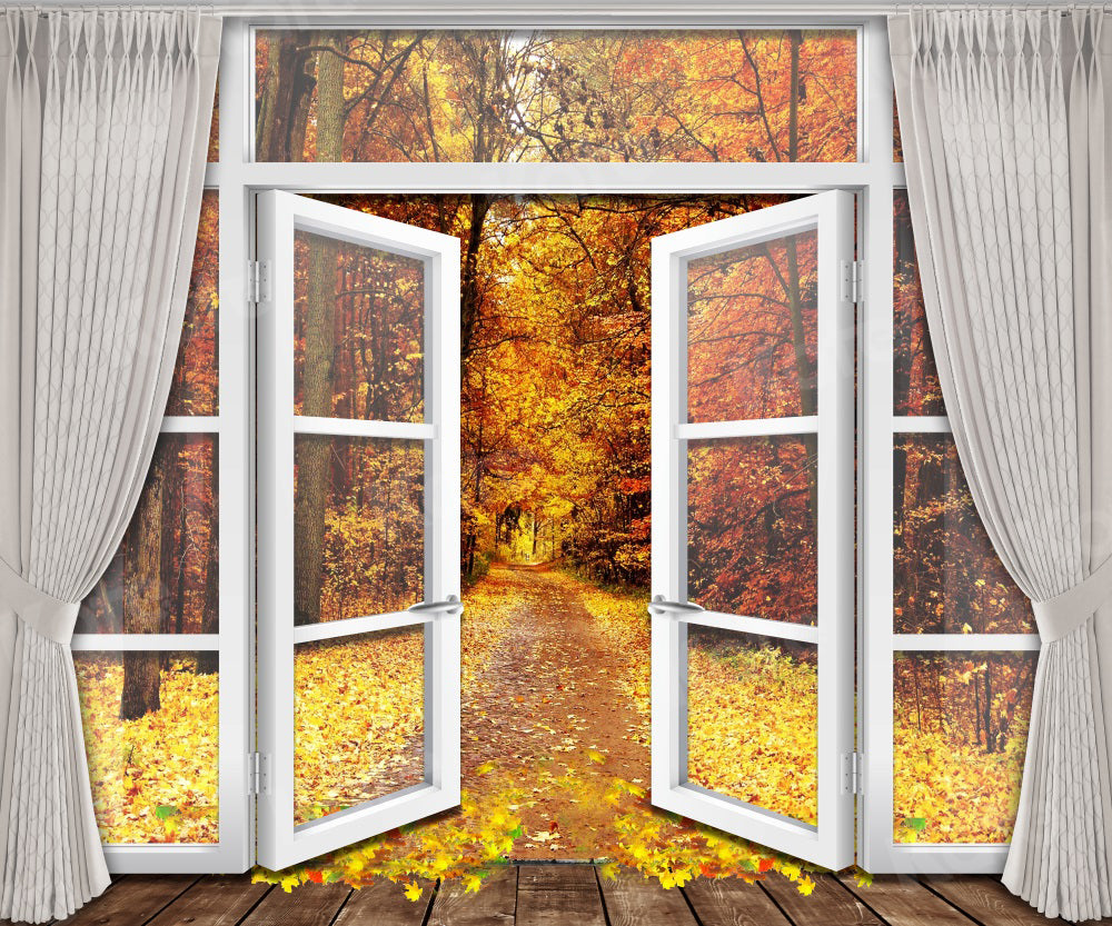 Kate Golden Autumn Backdrop Deciduous Forest White Doors Windows for Photography - Kate Backdrop AU