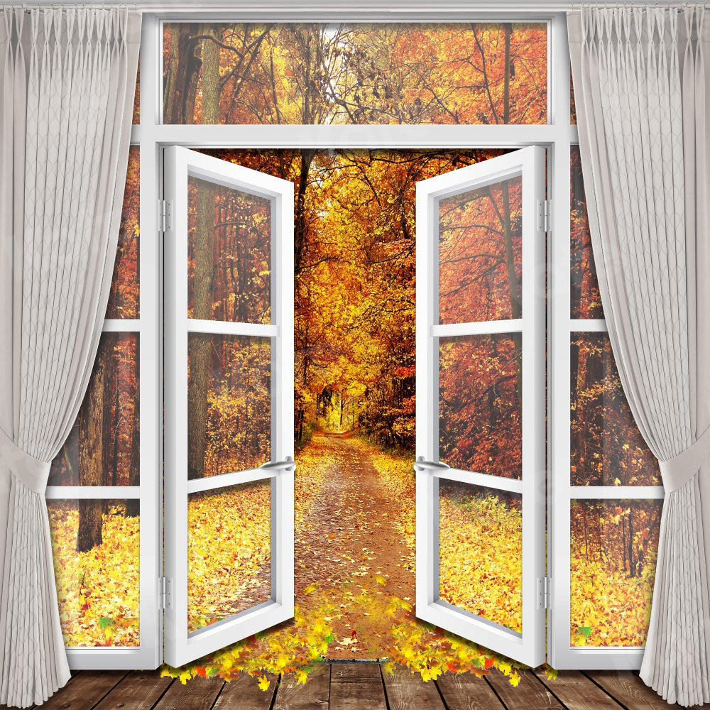 Kate Golden Autumn Backdrop Deciduous Forest White Doors Windows for Photography - Kate Backdrop AU