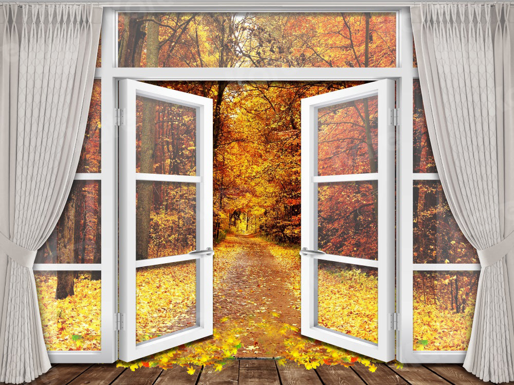 Kate Golden Autumn Backdrop Deciduous Forest White Doors Windows for Photography - Kate Backdrop AU