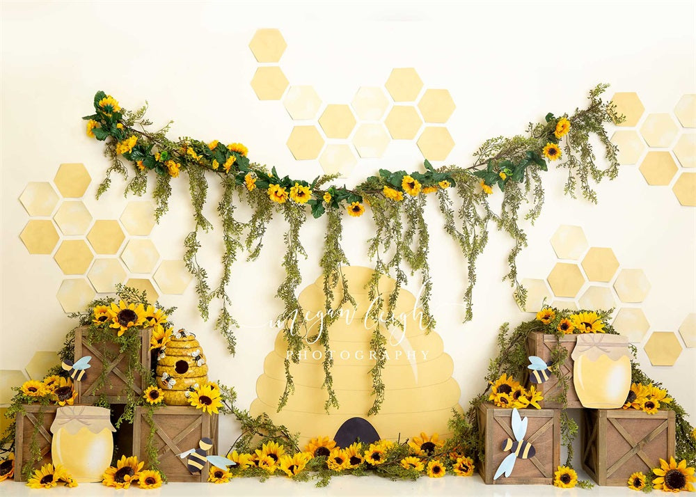 Kate Honey Bee Backdrop Sunflower Cake Smash Photography Designed by Megan Leigh Photography