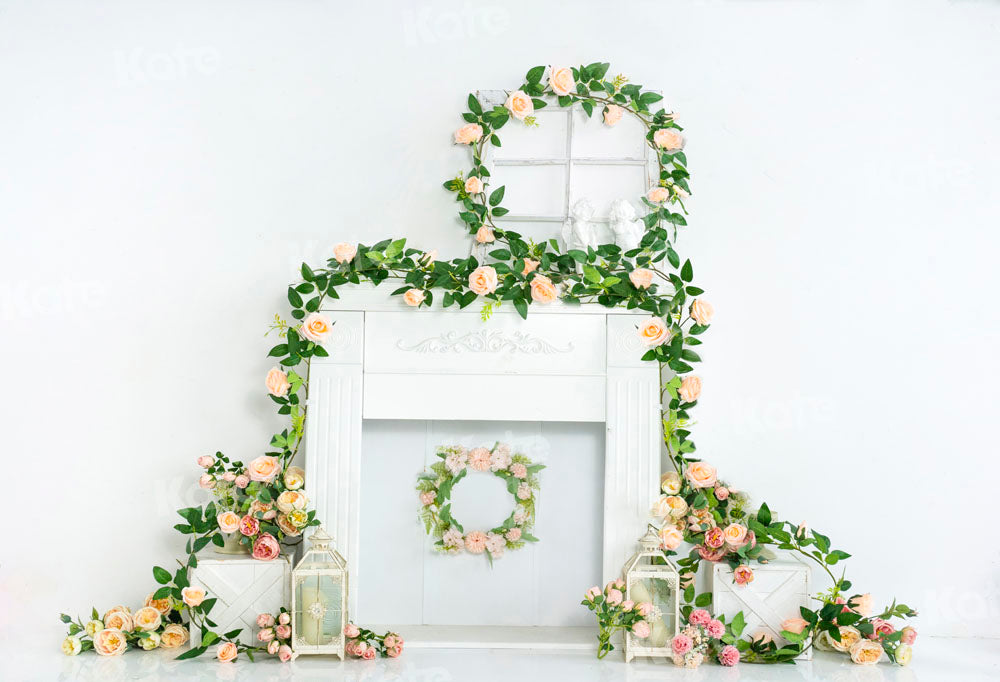 Kate Spring White Backdrop Boho Fireplace Flower Designed by Emetselch - Kate Backdrop AU