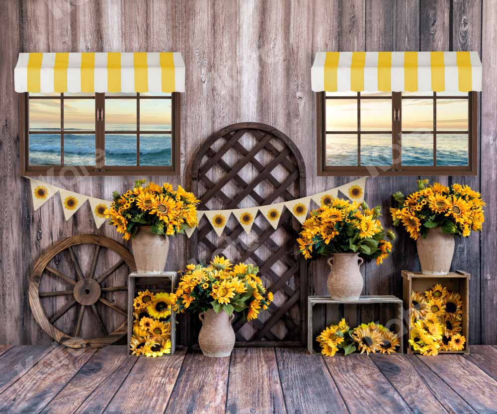 Kate Summer Seaside Sunflower Backdrop Wood Grain Seaside Designed by Emetselch - Kate Backdrop AU