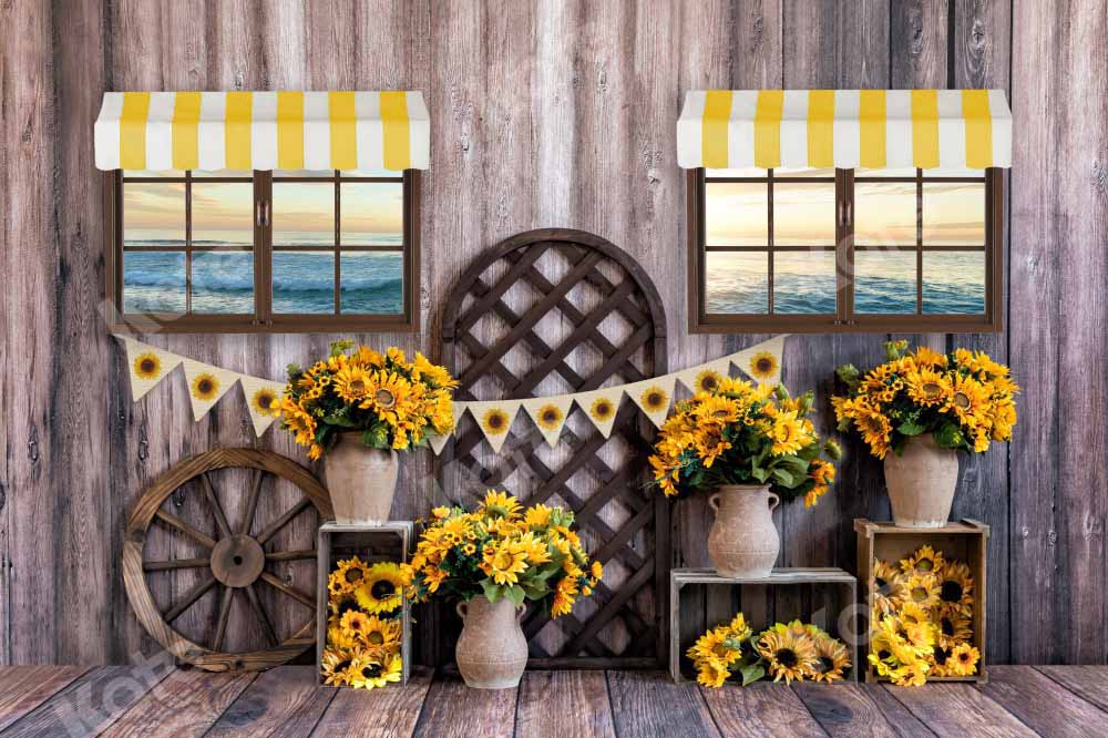 Kate Summer Seaside Sunflower Backdrop Wood Grain Seaside Designed by Emetselch - Kate Backdrop AU
