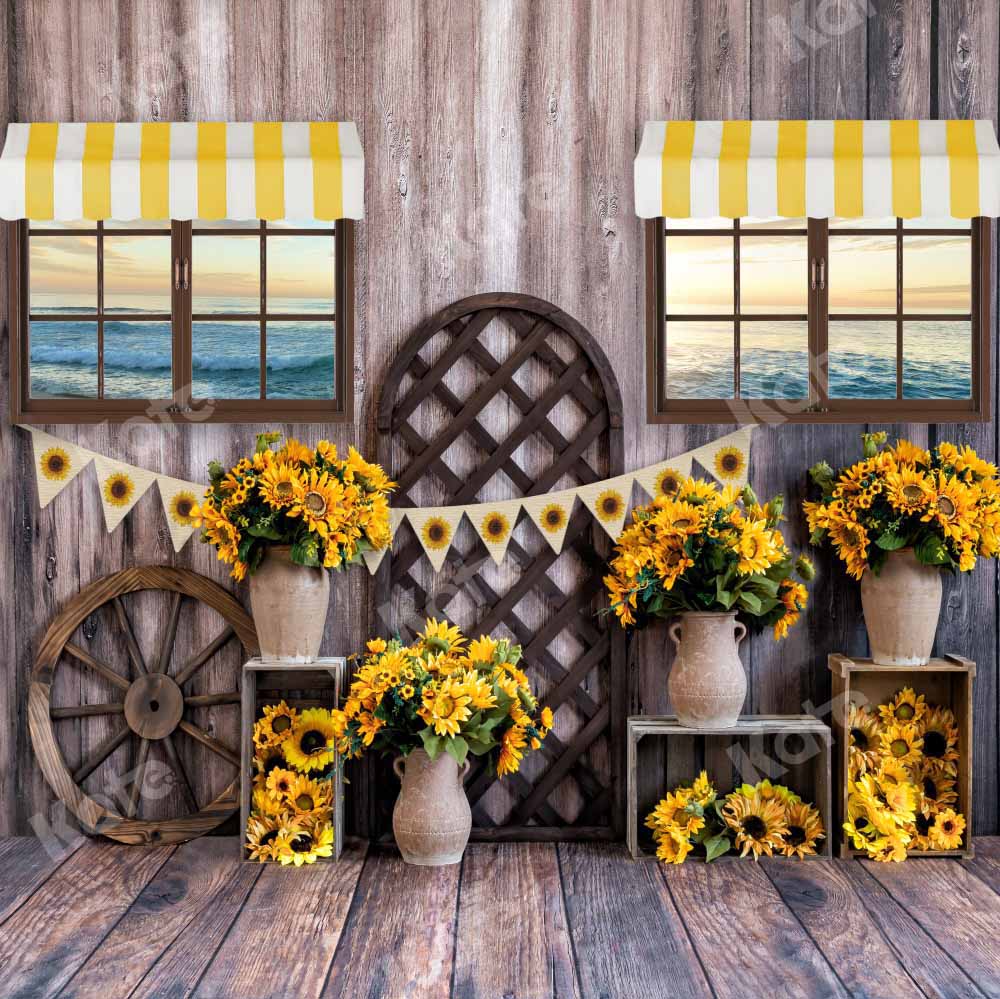 Kate Summer Seaside Sunflower Backdrop Wood Grain Seaside Designed by Emetselch - Kate Backdrop AU