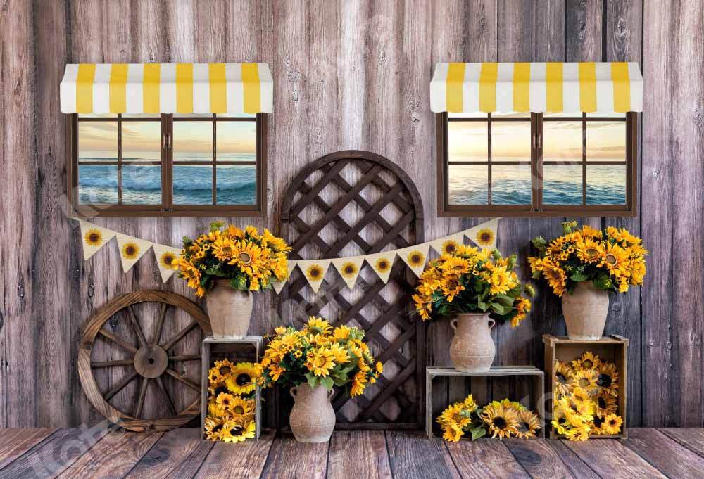 Kate Summer Seaside Sunflower Backdrop Wood Grain Seaside Designed by Emetselch - Kate Backdrop AU