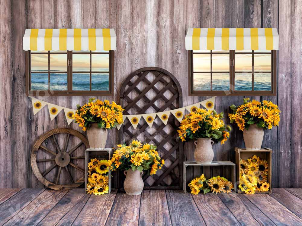 Kate Summer Seaside Sunflower Backdrop Wood Grain Seaside Designed by Emetselch - Kate Backdrop AU