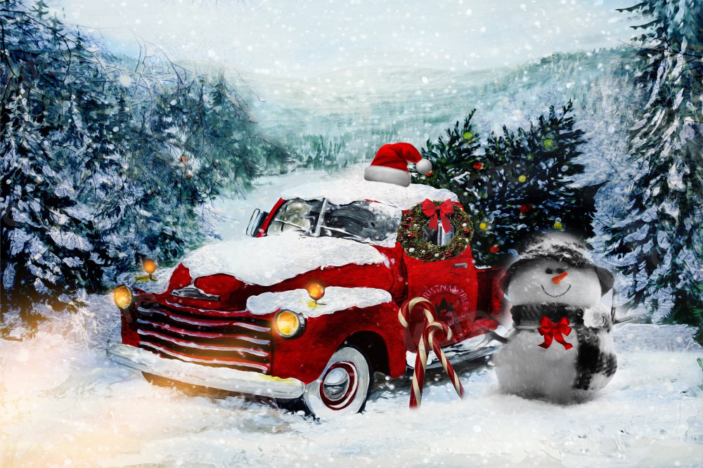 Kate Winter Christmas Backdrop Red Truck Snowman for Photography - Kate Backdrop AU