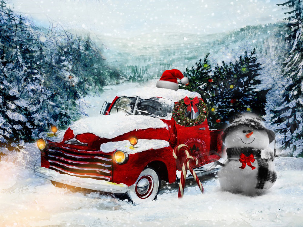Kate Winter Christmas Backdrop Red Truck Snowman for Photography - Kate Backdrop AU