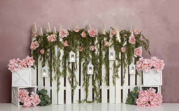 Kate Spring/Mother's Day Pink Floral IVY Fence Backdrop Designed by Lisa B - Kate Backdrop AU
