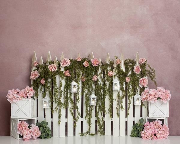 Kate Spring/Mother's Day Pink Floral IVY Fence Backdrop Designed by Lisa B - Kate Backdrop AU