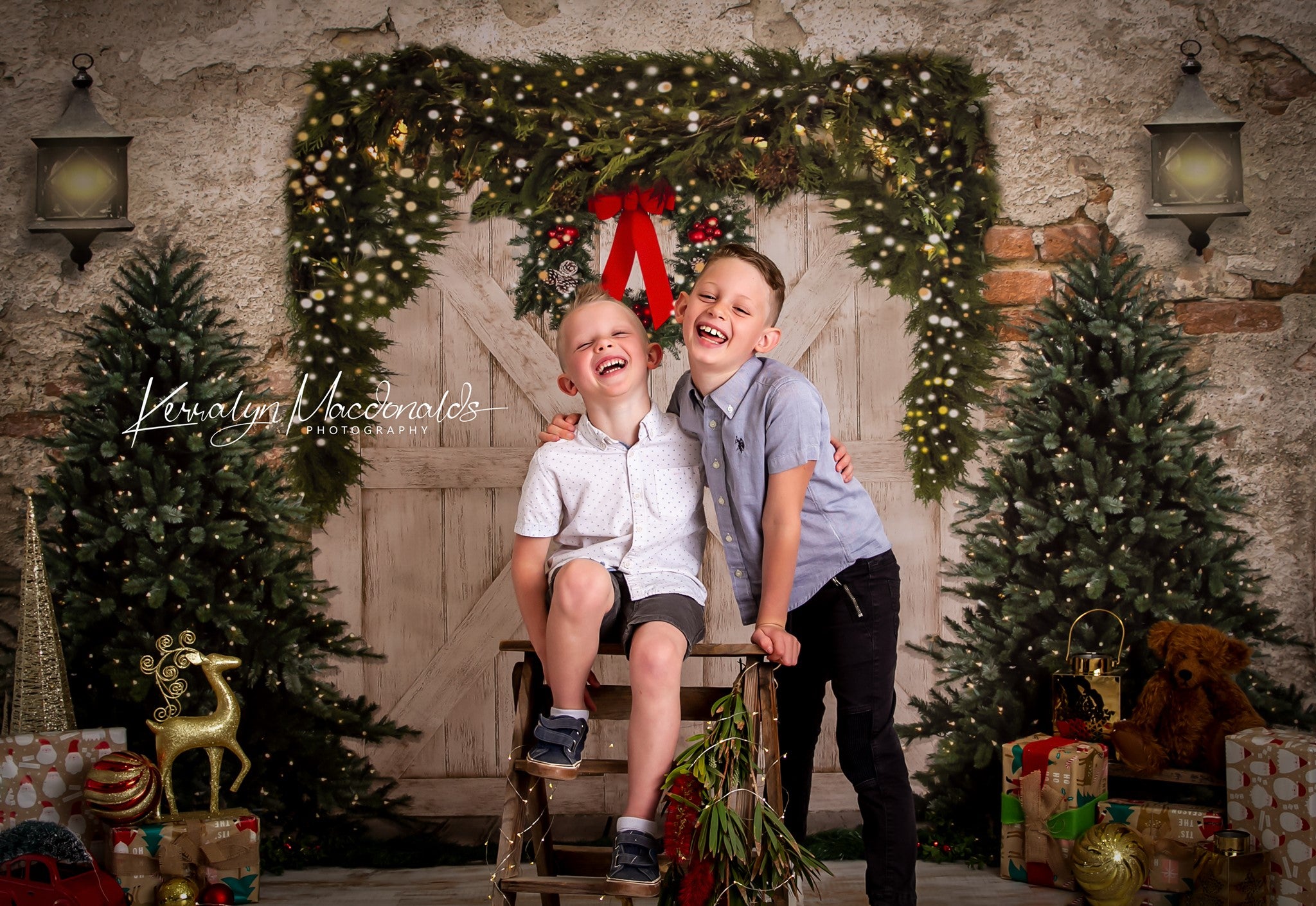 Kate Christmas Backdrop Brick Wall Door & Xmas Trees Designed By JS Photography