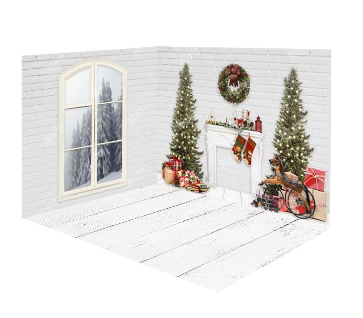 Kate Christmas Fireplace White Brick Wall&Floor Window Room Set - Kate Backdrop AU