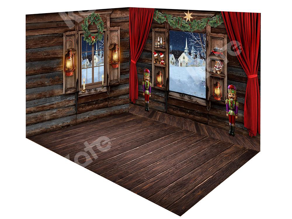 Kate Christmas Wood Indoor Windows Backdrop Room Set - Kate Backdrop AU