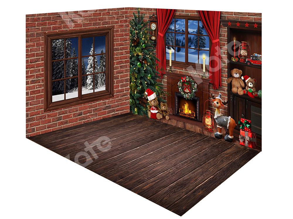 Kate Christmas Brick Wall Window Fireplace Backdrop Room Set - Kate Backdrop AU
