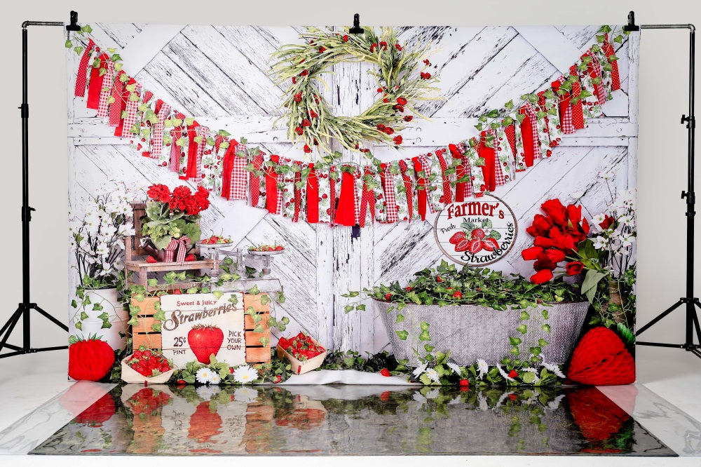 Kate Summer Strawberry White Wooden Board With Banners Backdrop