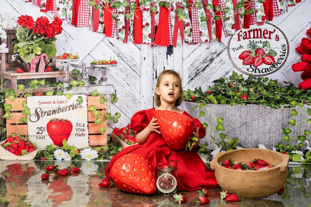 Kate Summer Strawberry White Wooden Board With Banners Backdrop - Kate Backdrop AU