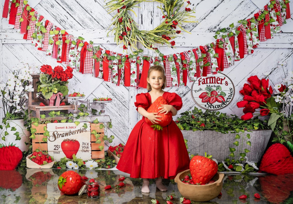 Kate Summer Strawberry White Wooden Board With Banners Backdrop - Kate Backdrop AU