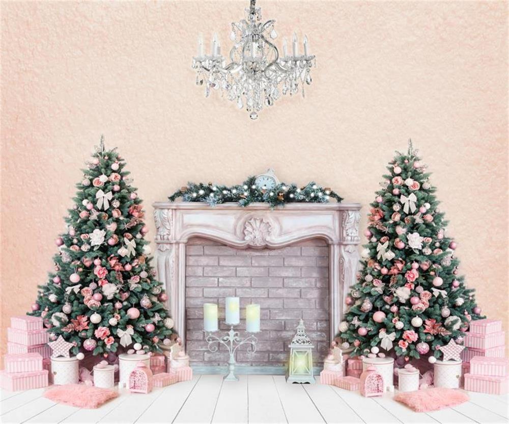 Kate Christmas Trees Backdrop Fireplace Pink Wall for Photography - Kate Backdrop AU