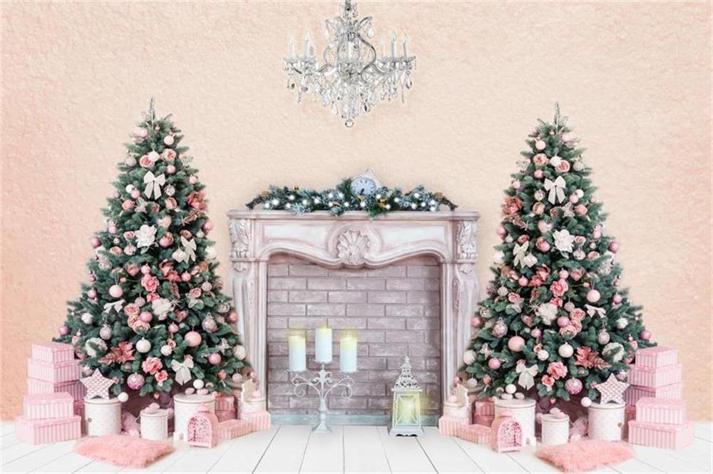 Kate Christmas Trees Backdrop Fireplace Pink Wall for Photography - Kate Backdrop AU