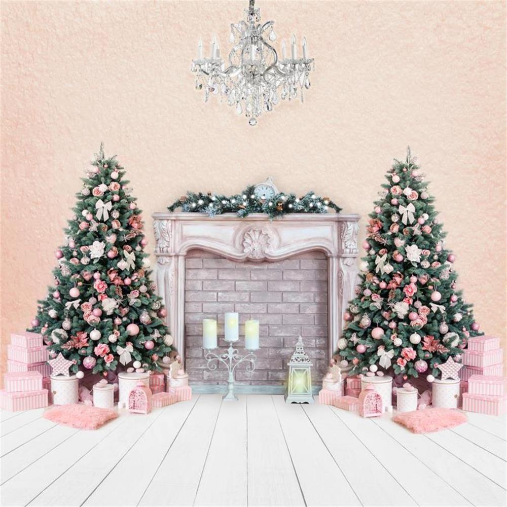 Kate Christmas Trees Backdrop Fireplace Pink Wall for Photography - Kate Backdrop AU