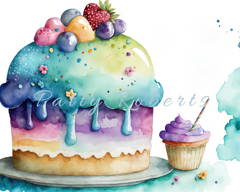 Kate Rainbow Sweet Backdrop Watercolor Cup Cake Designed by Patty Robertss - Kate Backdrop AU