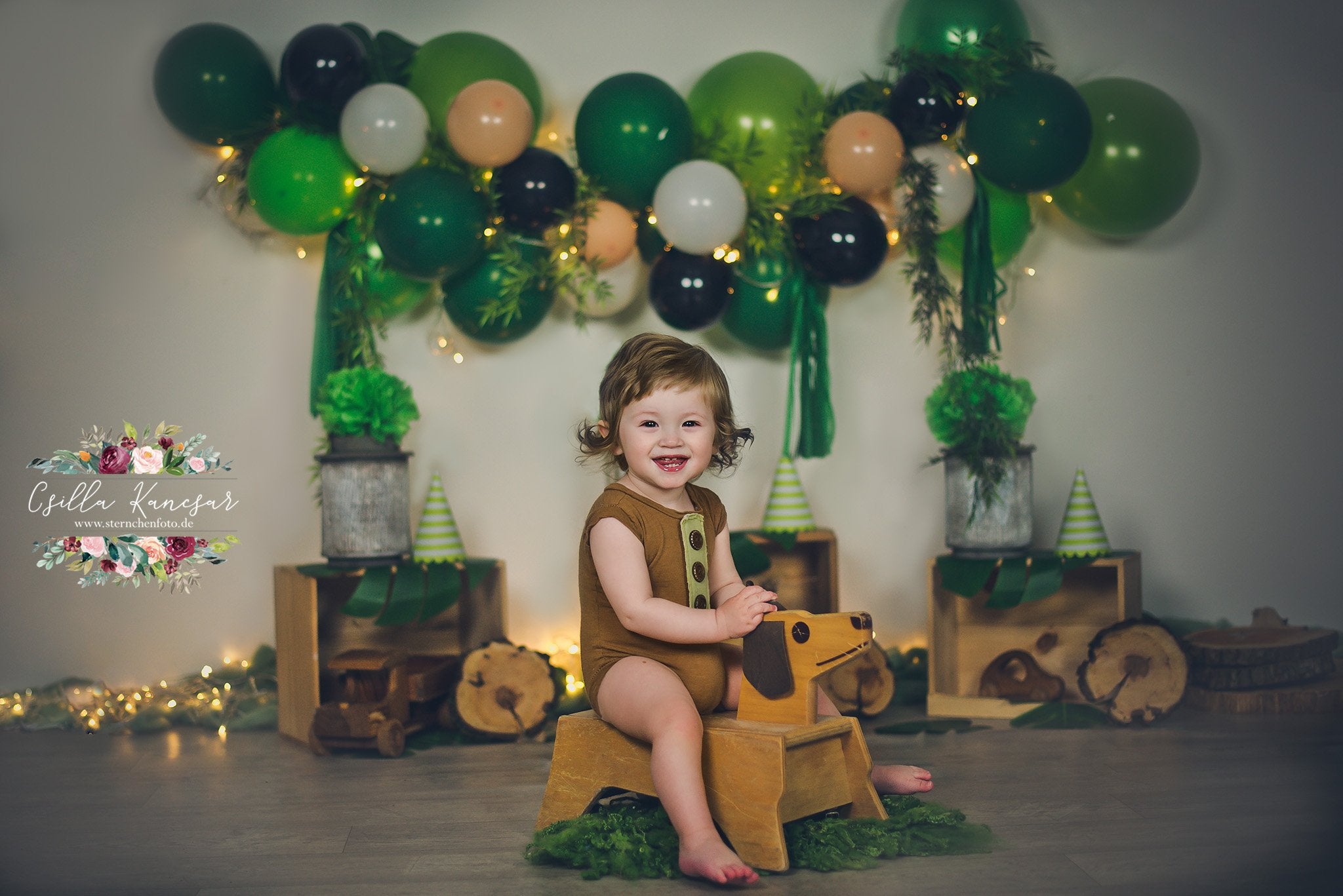 Kate Cake Smash Backdrop Green Balloons Camping Designed by Csilla Kancsar - Kate Backdrop AU