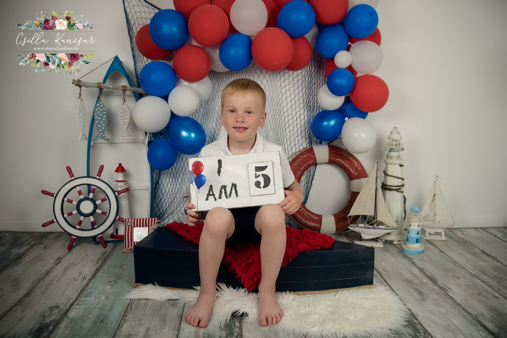 Kate Sailor Backdrop Blue&Red Balloons Sailboat Designed by Csilla Kancsar - Kate Backdrop AU