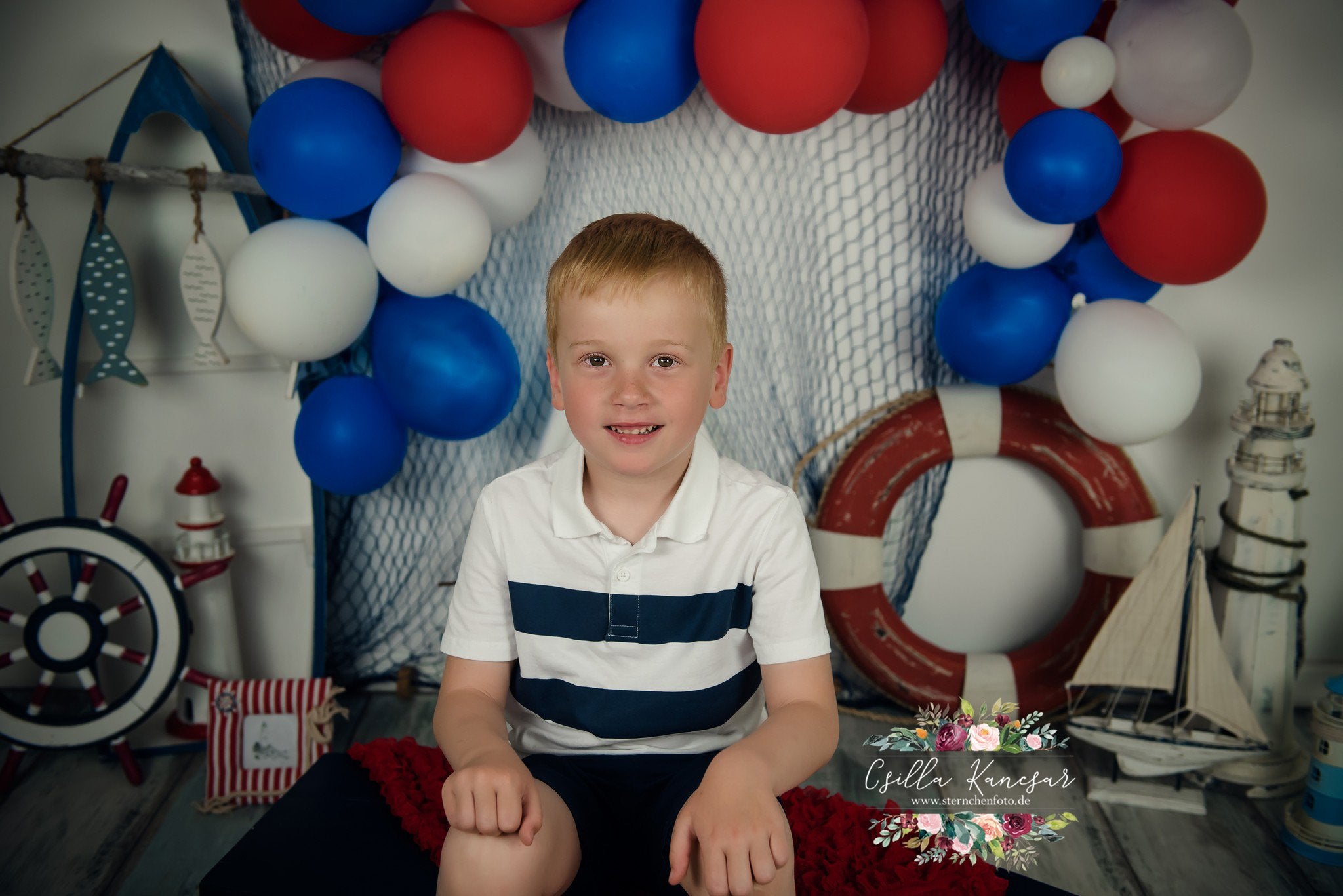 Kate Sailor Backdrop Blue&Red Balloons Sailboat Designed by Csilla Kancsar - Kate Backdrop AU