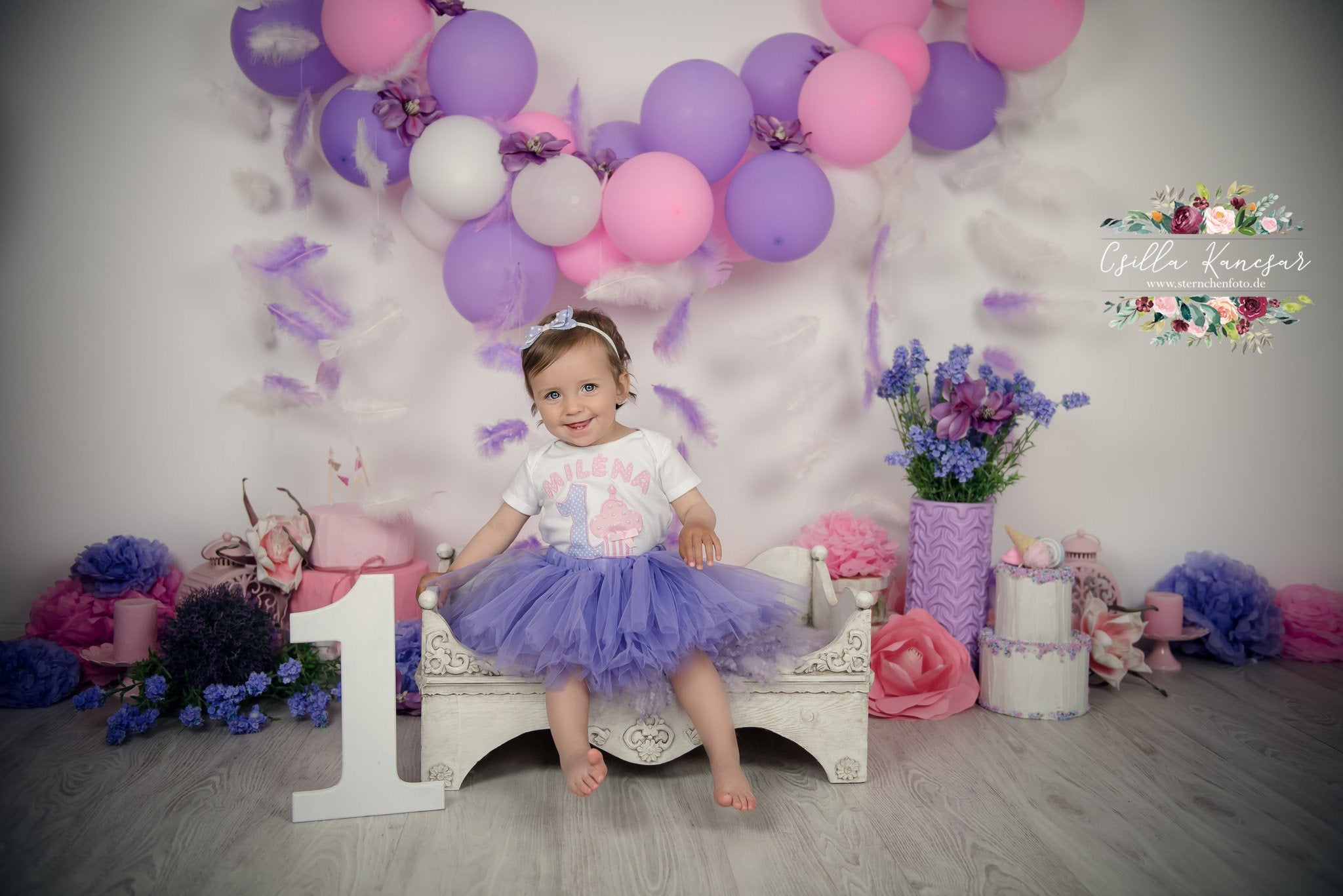 Kate Cake Smash Backdrop Balloons Purple Feathers Designed by Csilla Kancsar - Kate Backdrop AU