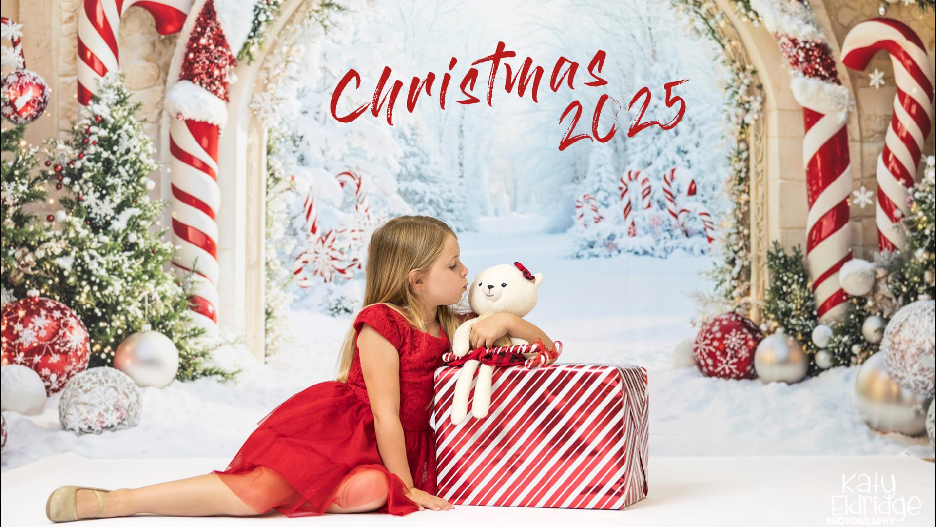 Girl in red dress standing in front of Christmas green grand staircase backdrop