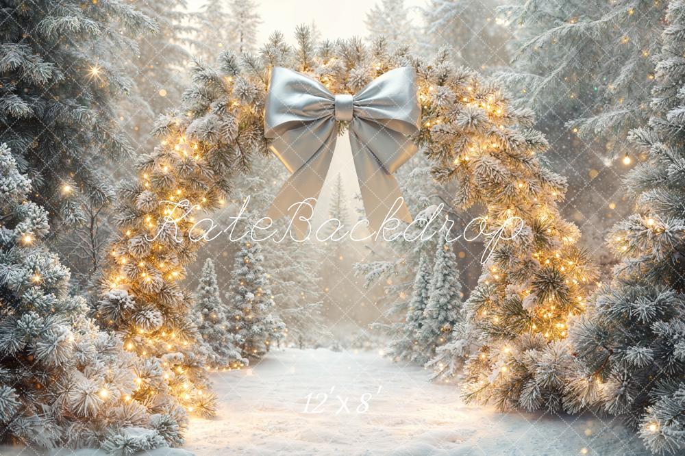 Kate Christmas Bow Arch Snowy Fleece Backdrop Designed by Emetselch - Kate Backdrop AU