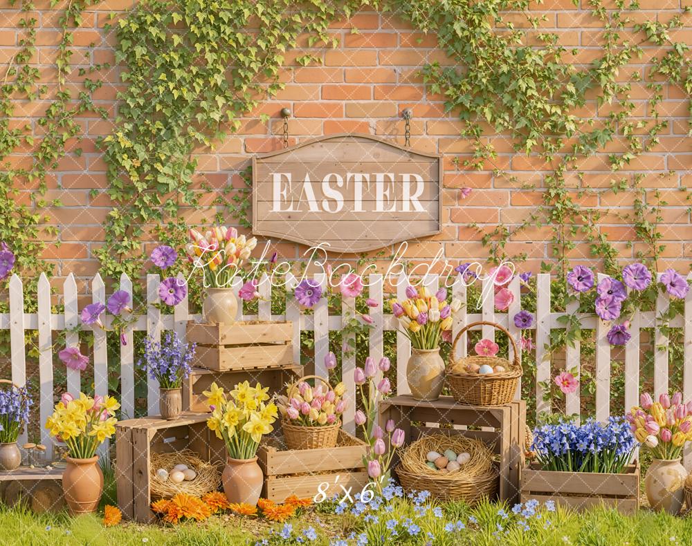 Kate Easter Flowers Eggs Brick Wall Fleece Backdrop Designed by Emetselch