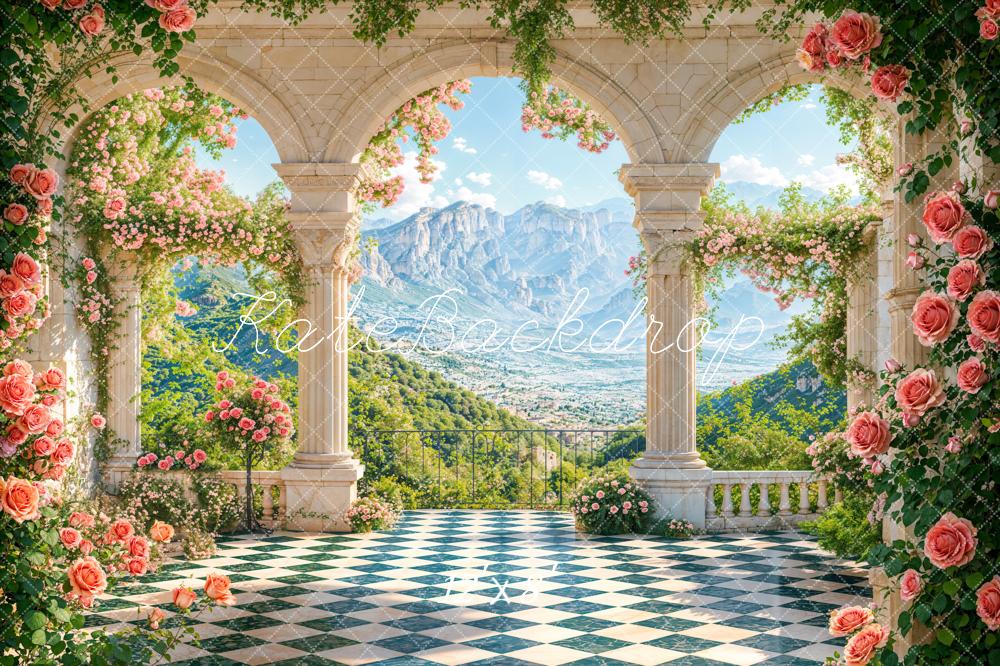 Kate Floral Arch Columns Mountain View Fleece Backdrop Designed by Emetselch - Kate Backdrop AU