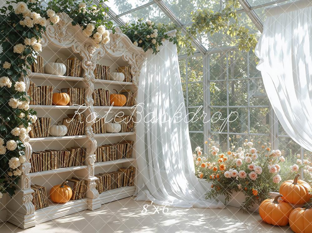 Kate Autumn Bookshelf Pumpkins Backdrop Designed by Mini MakeBelieve