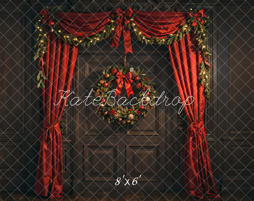 Kate Christmas Wreath Red Curtains Fleece Backdrop Designed by Emetselch - Kate Backdrop AU