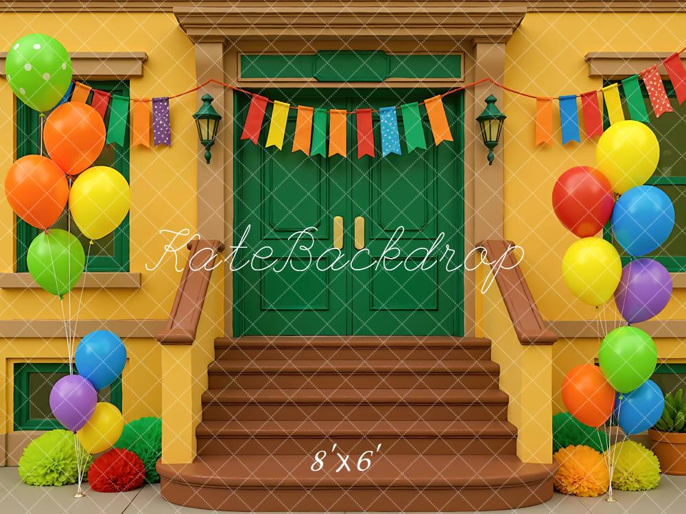 Kate Party Steps Balloons Bunting Colourful Backdrop Designed by Mini MakeBelieve
