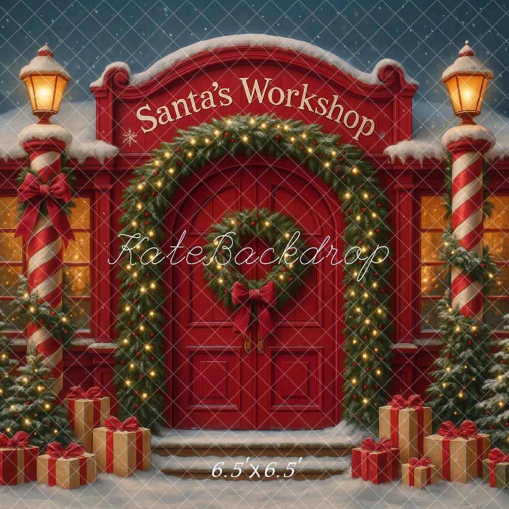 Kate Christmas Santa's Workshop Red Door Backdrop Designed by Ashley Paul